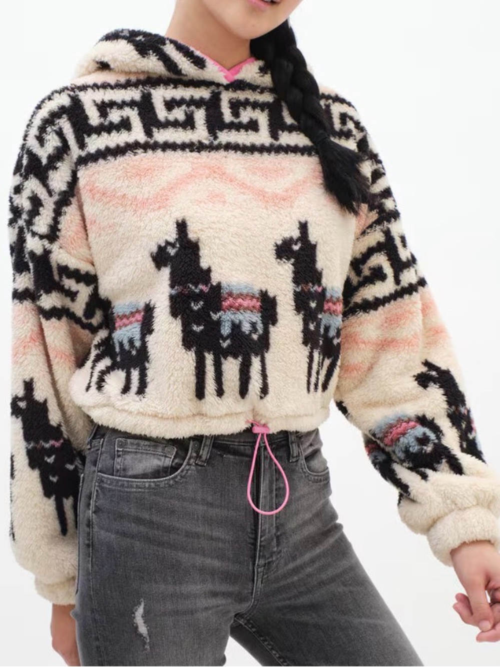 Aeropostale Llama Parade Sherpa Fleece Pullover Cozy Hoodie Medium